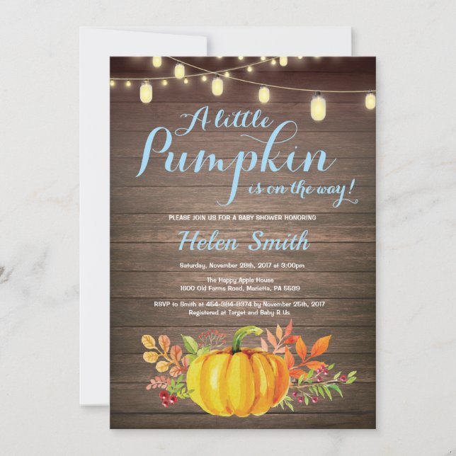 Rustic Pumpkin Mason Jar String Lights Baby Shower Invitation (Front)