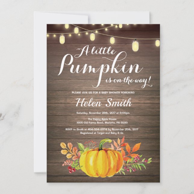 Rustic Pumpkin Mason Jar String Lights Baby Shower Invitation (Front)