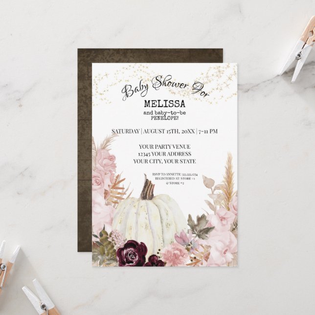 Rustic Pumpkin Pampas Grass Foliage Baby Shower In Invitation (Front/Back In Situ)