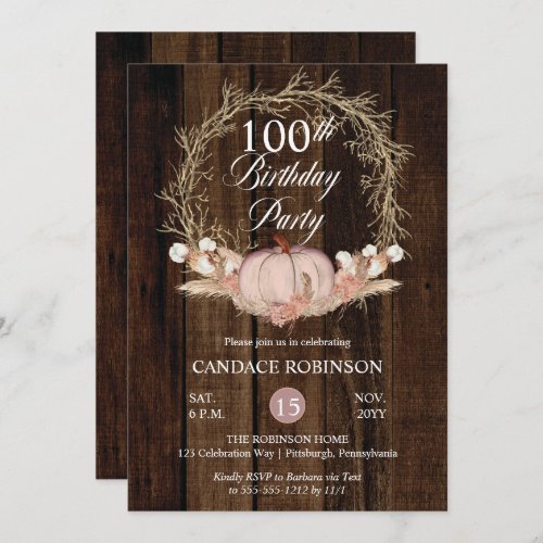 Rustic Pumpkin Pampas Wreath 100th Birthday Party Invitation