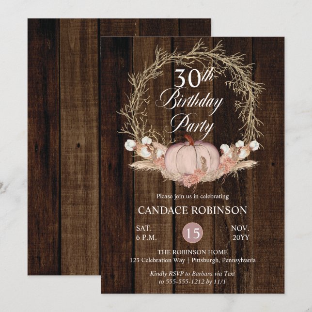 Rustic Pumpkin Pampas Wreath 30th Birthday Party Invitation (Front/Back)