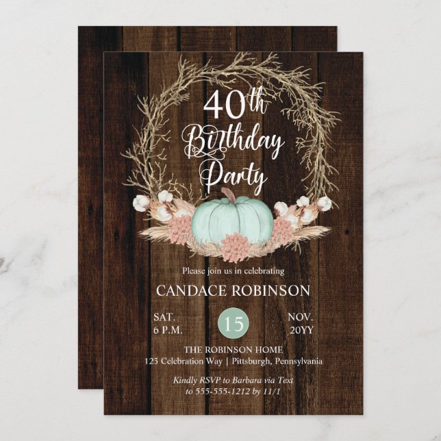 Rustic Pumpkin Pampas Wreath 40th Birthday Party I Invitation (Front/Back)