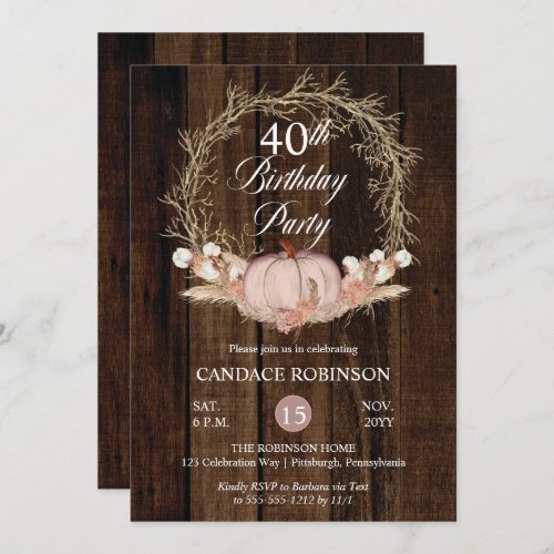 Rustic Pumpkin Pampas Wreath 40th Birthday Party Invitation