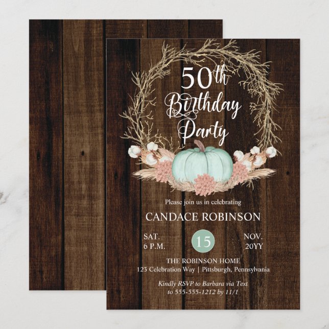 Rustic Pumpkin Pampas Wreath 50th Birthday Party I Invitation (Front/Back)