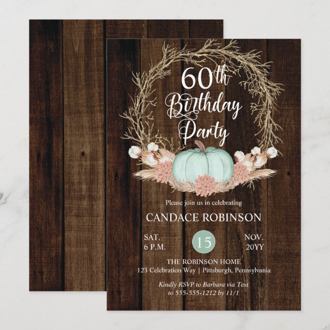 Rustic Pumpkin Pampas Wreath 60th Birthday Party I Invitation (Front/Back)