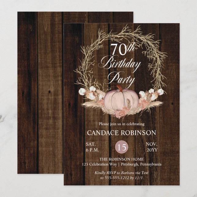 Rustic Pumpkin Pampas Wreath 70th Birthday Party Invitation (Front/Back)