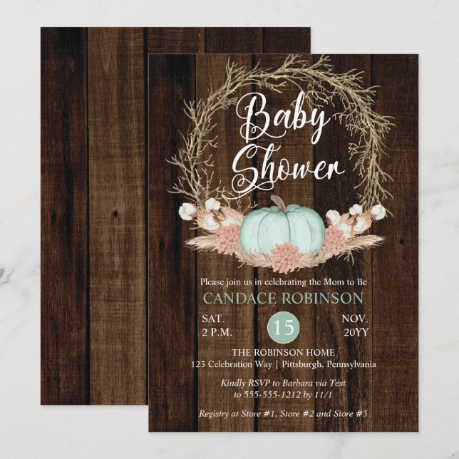 Rustic Pumpkin Pampas Wreath Boy Baby Shower Invitation (Front/Back)