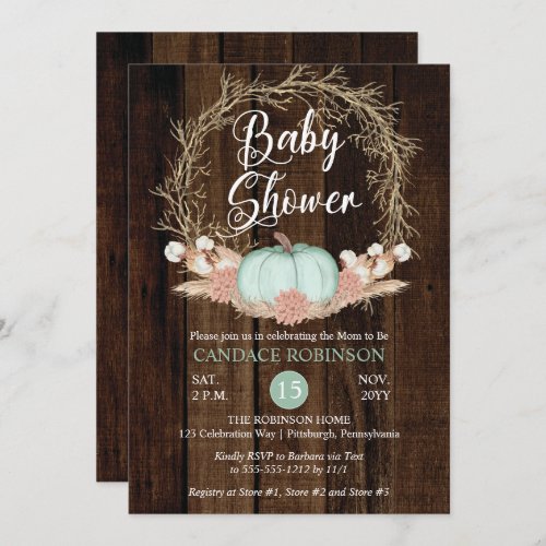 Rustic Pumpkin Pampas Wreath Boy Baby Shower Invitation