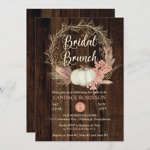 Rustic Pumpkin Pampas Wreath Bridal Brunch Shower Invitation