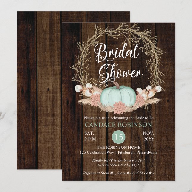 Rustic Pumpkin Pampas Wreath Bridal Shower Invitation (Front/Back)