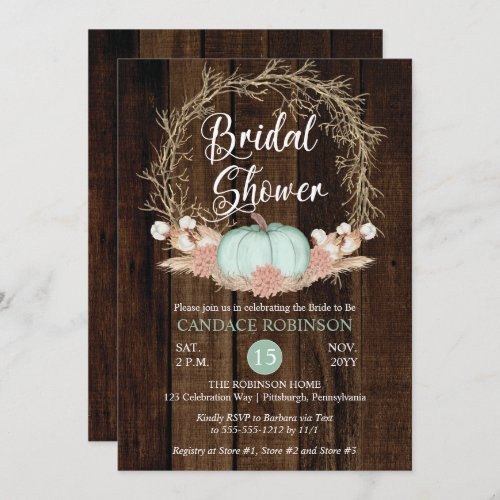 Rustic Pumpkin Pampas Wreath Bridal Shower Invitation