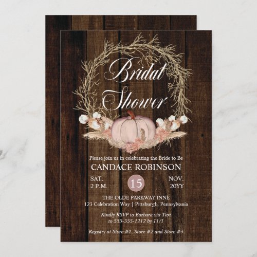 Rustic Pumpkin Pampas Wreath Bridal Shower Invitation