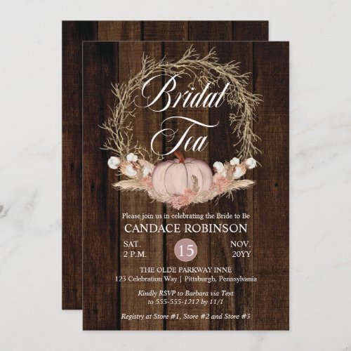 Rustic Pumpkin Pampas Wreath Bridal Tea Invitation