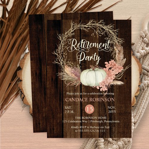 Rustic Pumpkin Pampas Wreath Retirement Party Invitation