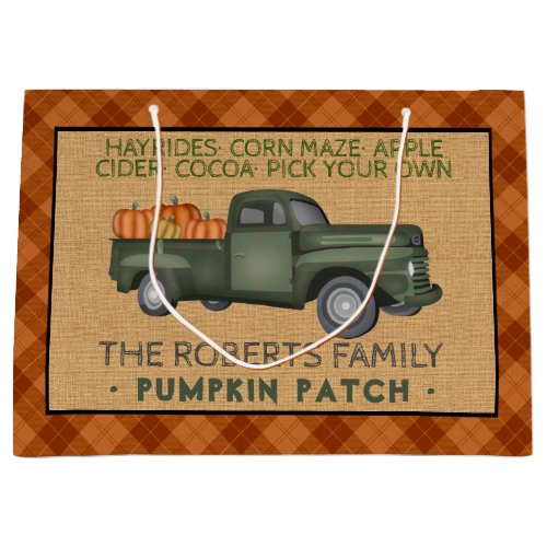 Rustic Pumpkin Patch Farm Vintage Truck Fall Plaid Large Gift Bag