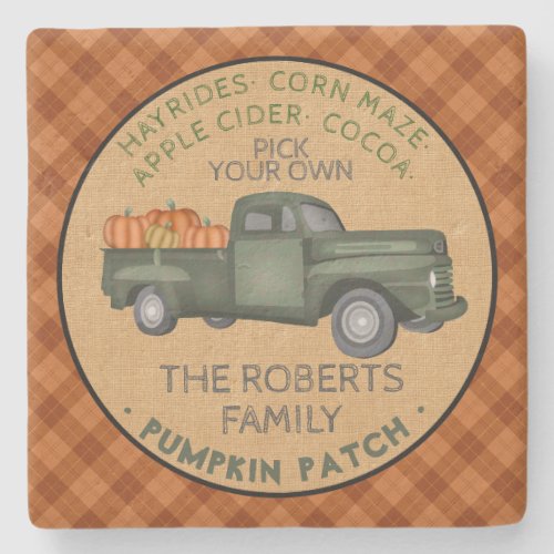 Rustic Pumpkin Patch Farm Vintage Truck Fall Plaid Stone Coaster