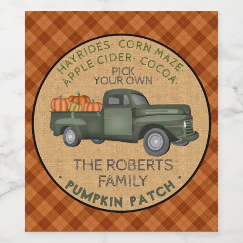 Rustic Pumpkin Patch Farm Vintage Truck Fall Plaid Wine Label