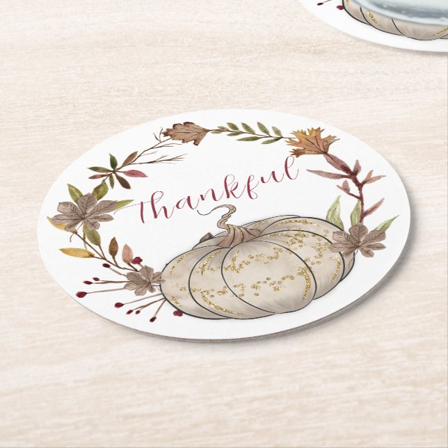 Rustic Pumpkin Personalized Thanksgiving  Round Paper Coaster (Angled)