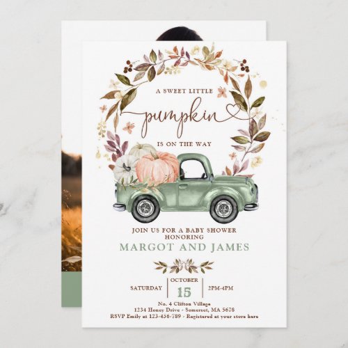 Rustic Pumpkin Pickup Truck Sage Green Baby Shower Invitation