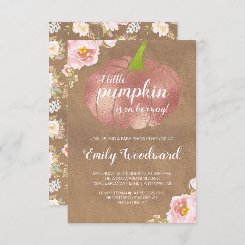 Rustic Pumpkin Pink Floral Girl Baby Shower Invitation