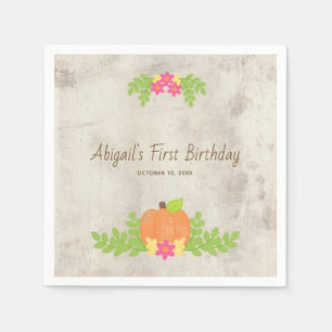 Rustic Pumpkin Pink Flowers First Birthday Napkins