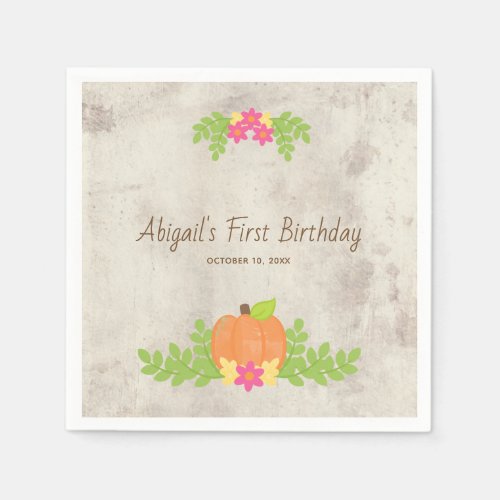 Rustic Pumpkin Pink Flowers First Birthday Napkins