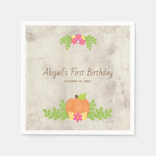 Rustic Pumpkin Pink Flowers First Birthday Napkins (Front)