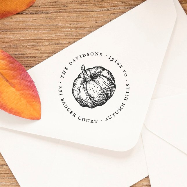 Rustic Pumpkin Round Return Address Self-inking Stamp (Rubber Stamp Mock-up)