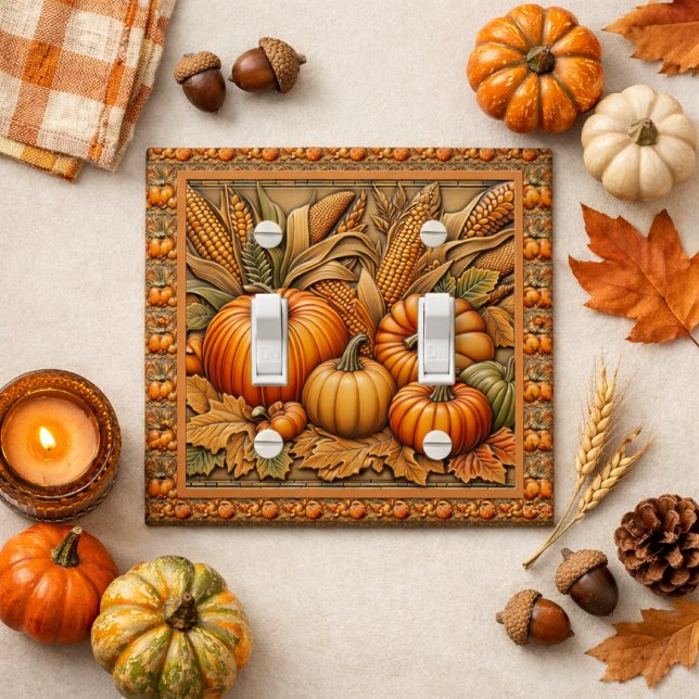 Rustic Pumpkin Season Light Switch Cover (Autumn harvest light switch cover adds cozy seasonal style with pumpkins, corn, & fall leaves décor)