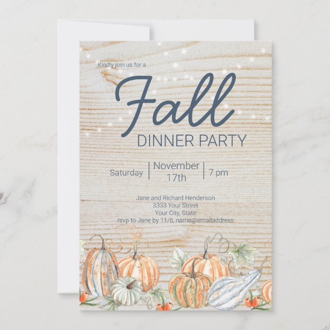 Rustic Pumpkin String Lights Fall Dinner Party Invitation (Front)