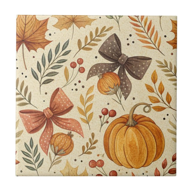 Rustic Pumpkin Terracotta Bow Fall Harvest Ceramic Tile (Front)