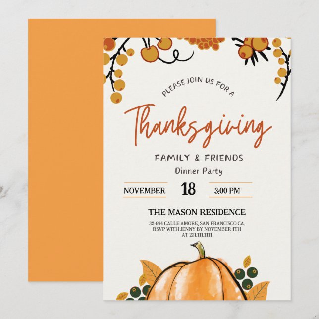 Rustic Pumpkin Thanksgiving Invitation (Front/Back)