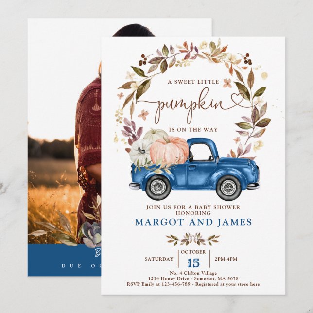 Rustic Pumpkin Truck Classic Blue Baby Shower Invitation (Front/Back)