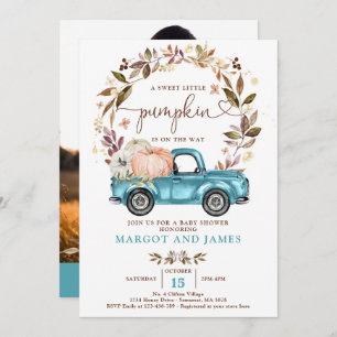Rustic Pumpkin Truck Sapphire Blue Baby Shower Invitation