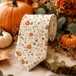 Rustic Pumpkin Vine Watercolor Wedding Neck Tie