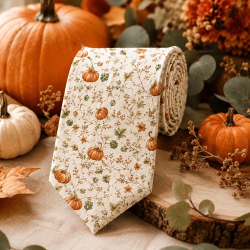 Rustic Pumpkin Vine Watercolor Wedding Neck Tie