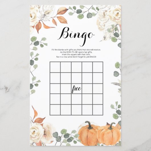 Rustic pumpkin Watercolor Bingo Game (Front)