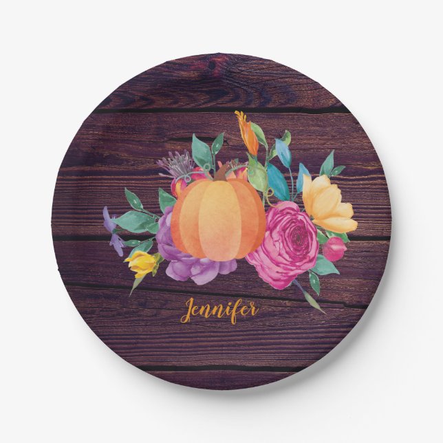 Rustic Pumpkin Watercolor Flowers Fall Party Paper Plates (Front)