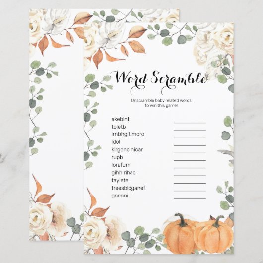Rustic pumpkin Watercolor Word Scramble Game, (Front/Back)
