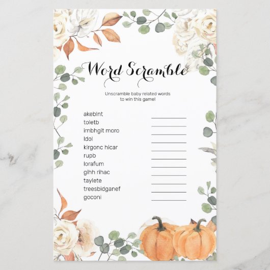 Rustic pumpkin Watercolor Word Scramble Game, (Front)