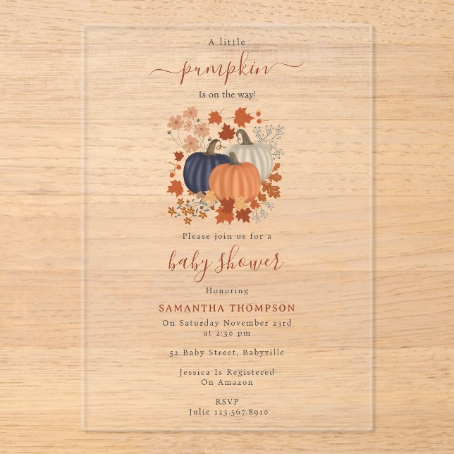 Rustic Pumpkin Wildflowers Fall Autumn Baby Shower Acrylic Invitations (Front)