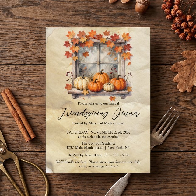 Rustic Pumpkin Window Fall Friendsgiving Dinner Invitation (Creator Uploaded)