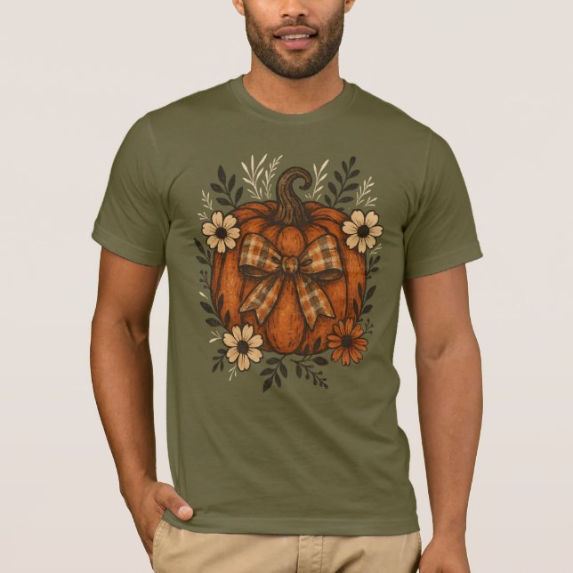 Rustic Pumpkin with Plaid Bow & Fall Flowers  T-Shirt (Front)