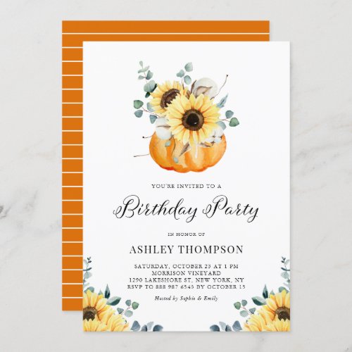 Rustic Pumpkin with Sunflowers Fall Birthday Party Invitation