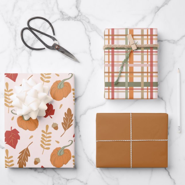 Rustic Pumpkins and Plaid Coordinating Wrapping Paper Sheets (Front)