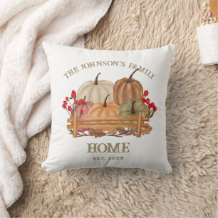 Rustic Pumpkins Autumn Fall Farmhouse Family Name Throw Pillow