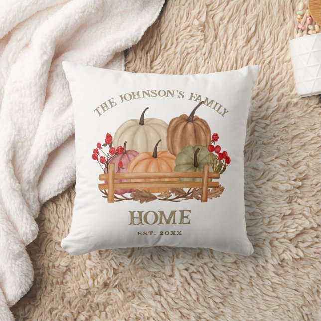 Rustic Pumpkins Autumn Fall Farmhouse Family Name Throw Pillow (Blanket)