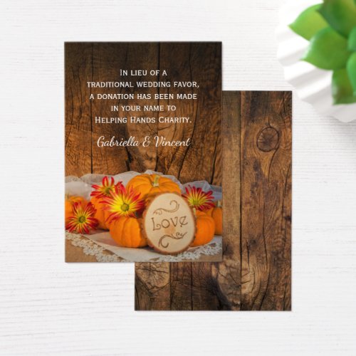 Rustic Pumpkins Fall Wedding Charity Favor Card