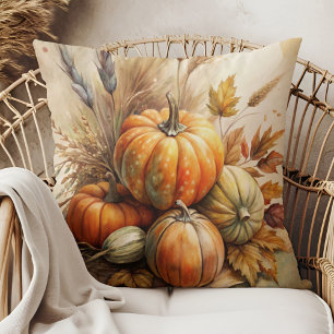 Rustic Pumpkins & Leaves Boho Fall Throw Pillow