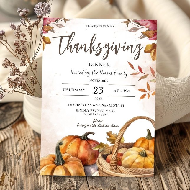 Rustic Pumpkins | Watercolor Thanksgiving Dinner Invitation (Creator Uploaded)
